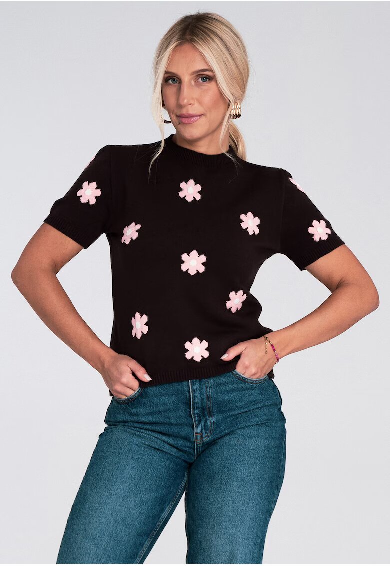 Figl Pulover dama - cu maneca scurta - flori - maro viscoza