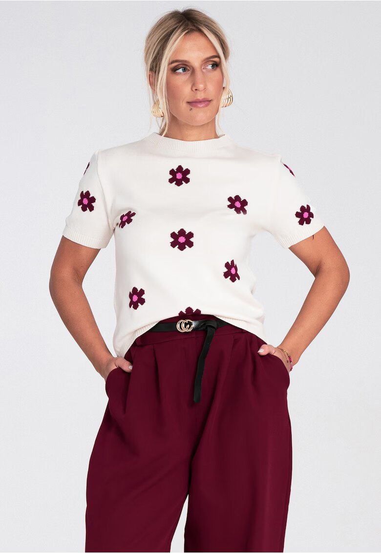 Figl Pulover dama - ecru - cu maneci scurte - model floral roz - material tricotaj sintetic