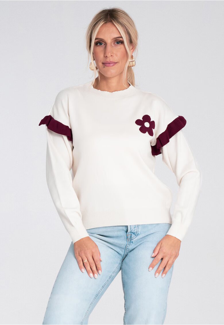 Figl Pulover dama ecru cu volane si aplicatii florale - tricotat viscoza