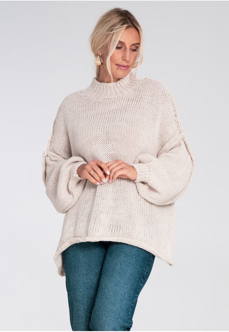Figl Pulover dama - guler inalt - gros - bej poliester