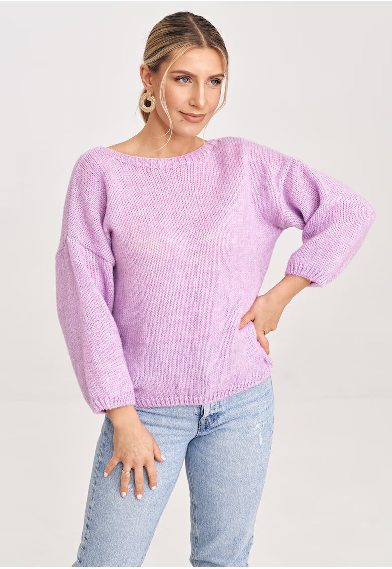 Figl Pulover dama M993 - violet - croiala clasica - detaliu decorativ - amestec acril - poliester - lana - nylon -