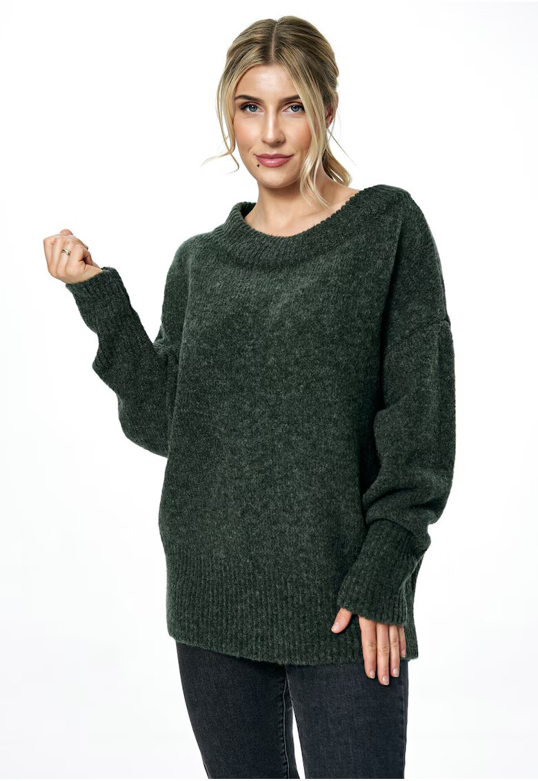 Figl Pulover dama oversize - guler barca - masliniu inchis - material tricotat cu lana -