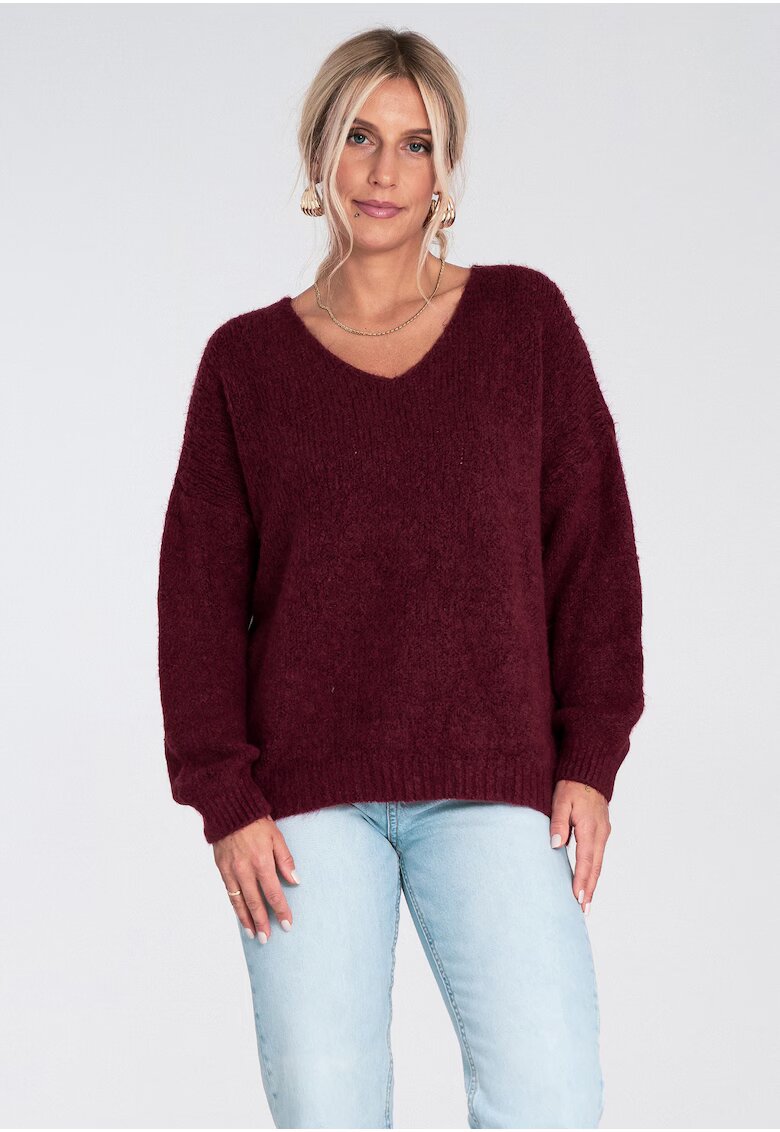 Figl Pulover dama supradimensionat - decolteu in V - visiniu - material lejer - acril