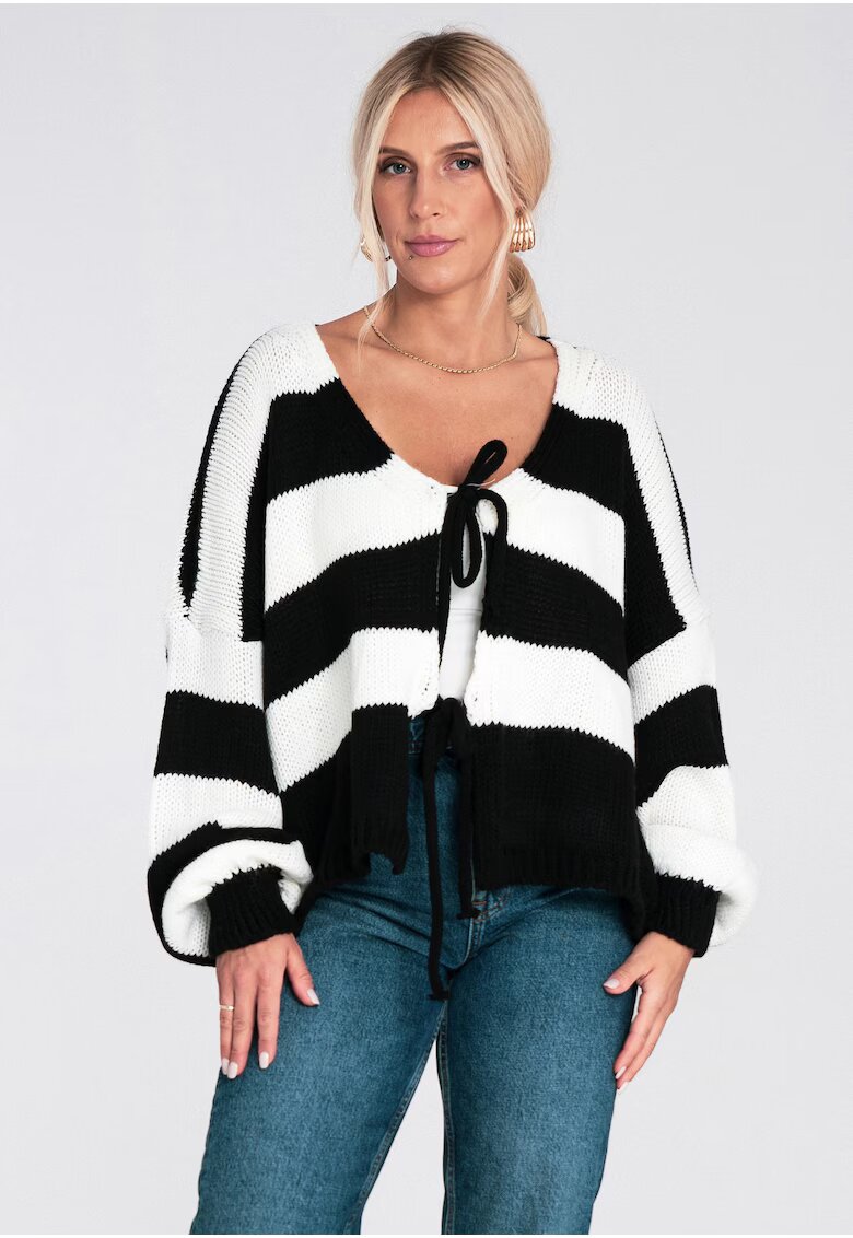 Figl Pulover dama - tricotat - dungi - negru alb - acril