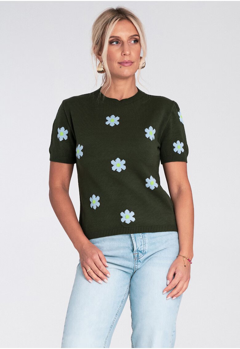 Figl Pulover dama - verde - cu maneca scurta - model floral roz - tricotaj viscoza