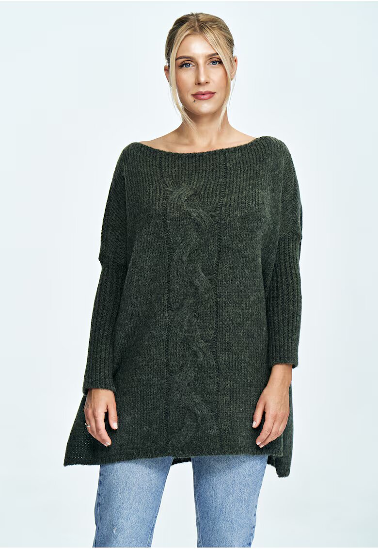 Figl Pulover supradimensionat decolteu larg - impletituri - verde - tricotaje cu lana -