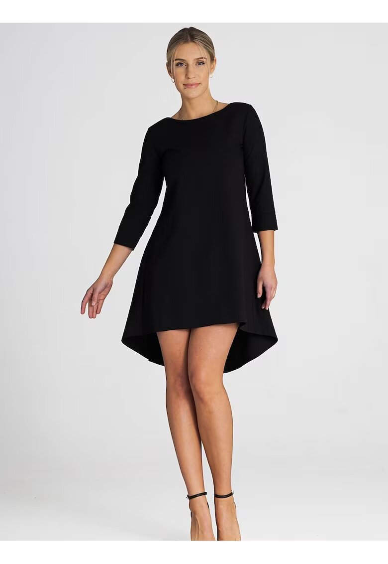 Figl Rochie asimetrica - plisata - maneci 3/4 - spate prelungit - poliester-viscoza negru