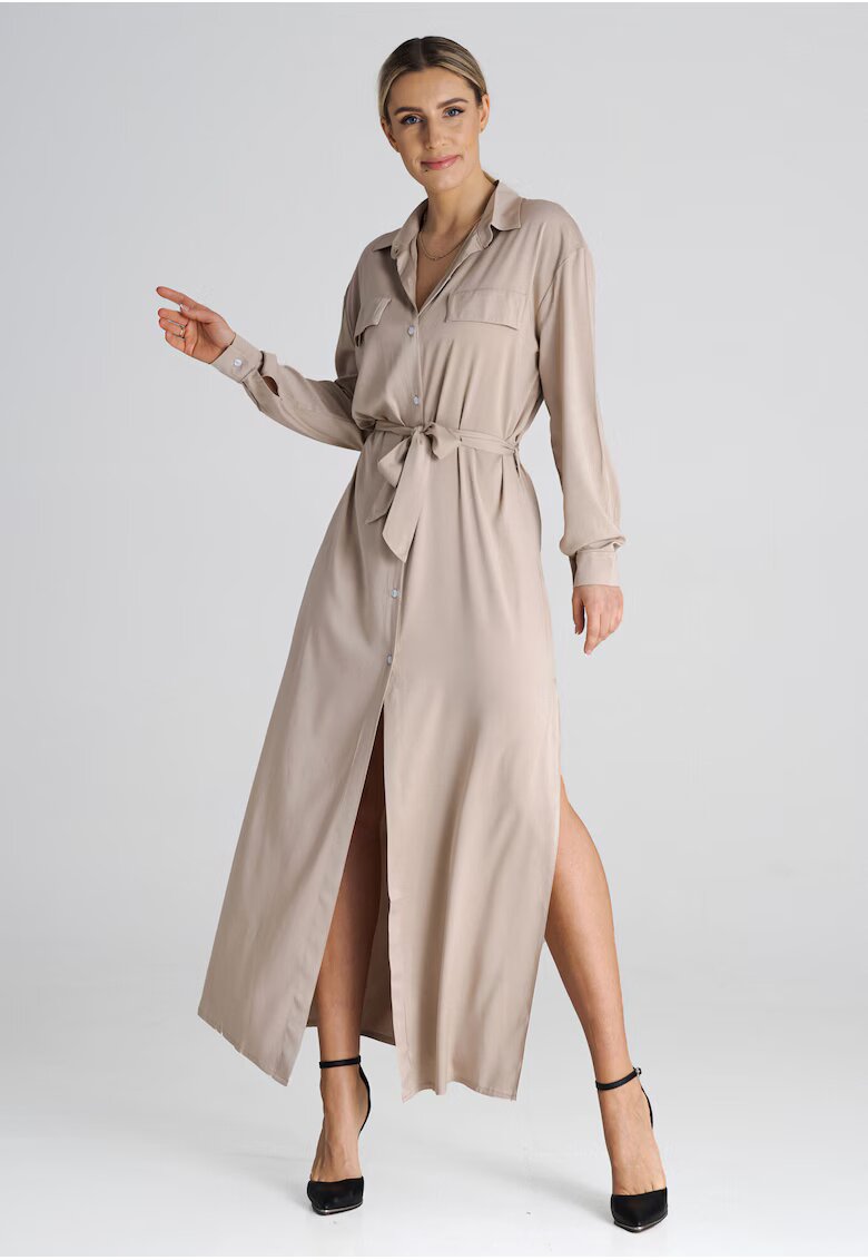 Figl Rochie camasa bej M1000 - eleganta - confortabila - din poliester si elastan