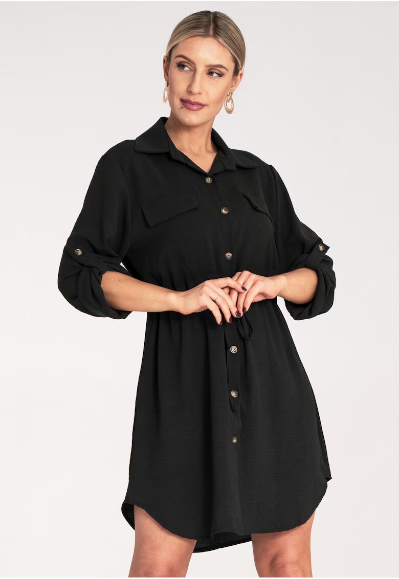 Figl Rochie camasa dama - neagra - maneca lunga - cu nasturi - 95% poliester - 5% elastan -