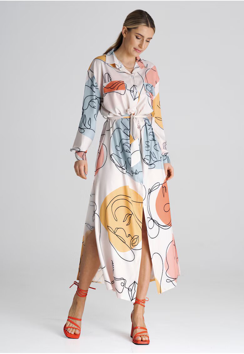 Figl Rochie camasa lunga M1000 - cu curea - multicolor - poliester 97% - elastan 3% -