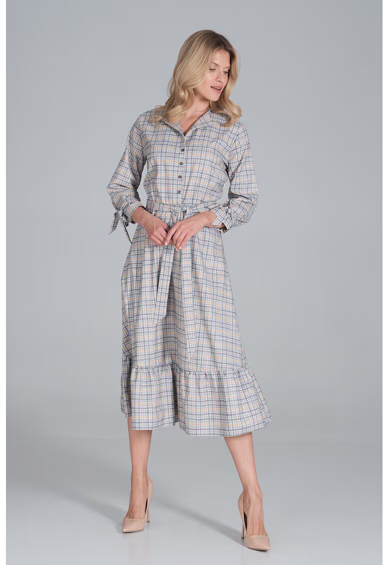 Figl Rochie camasa M840 Tipar 121 - cu curea - croi evazat - bej - poliester 100%