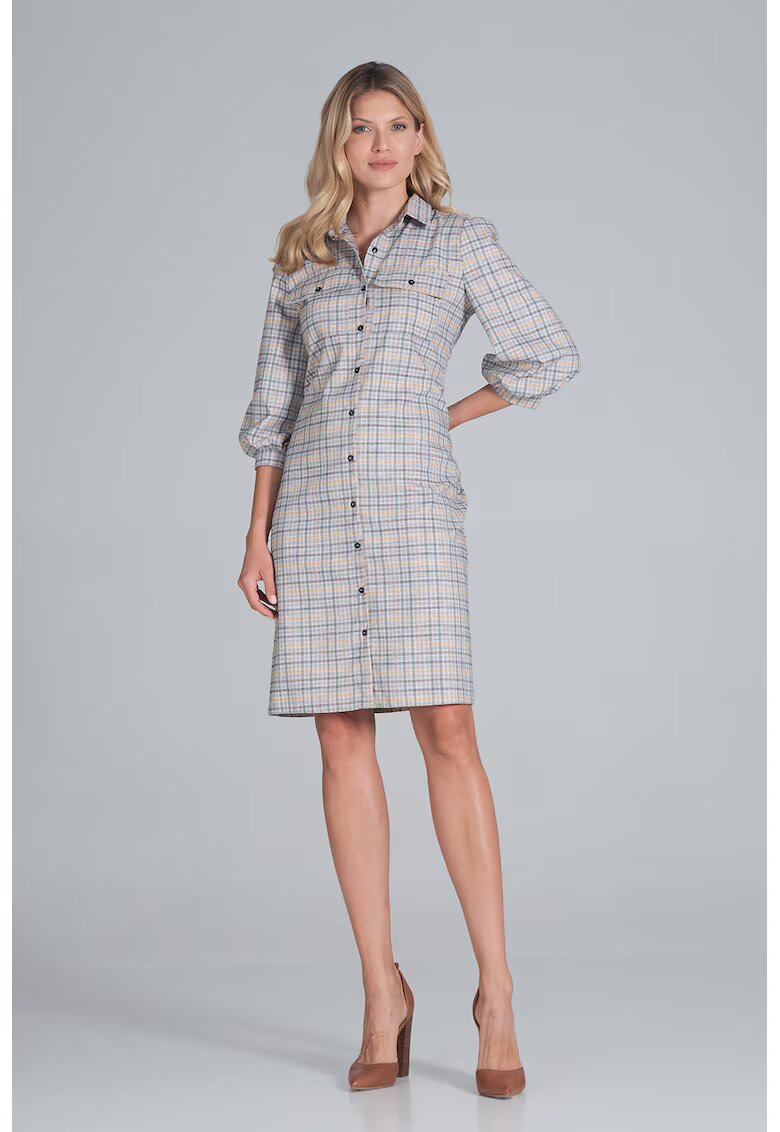 Figl Rochie camasa M849 - carouri - poliester - gri