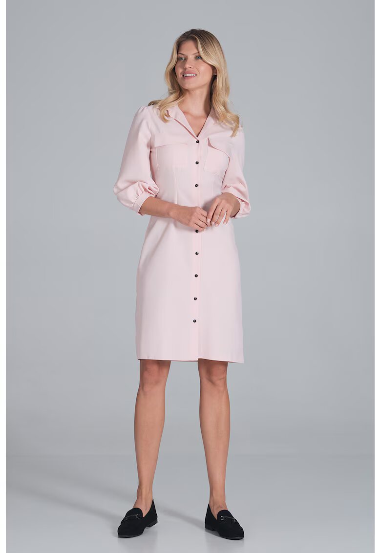 Figl Rochie - camasa - maneci bufante - roz - casual - poliester