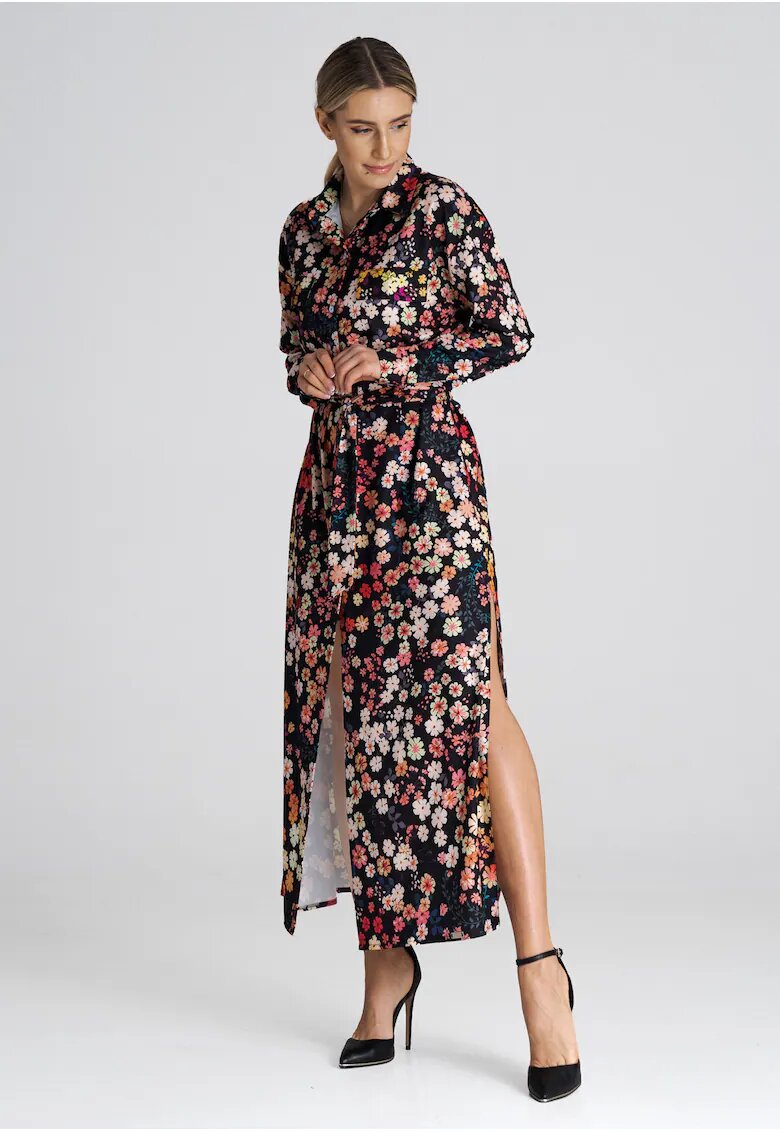 Figl Rochie camasa maxi guler floral - multicolor - poliester