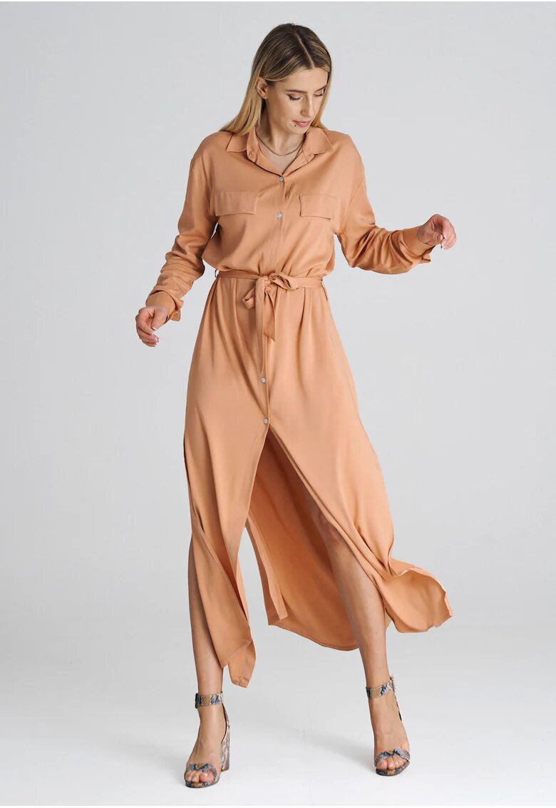 Figl Rochie camasa maxi portocalie - croiala lejera - poliester
