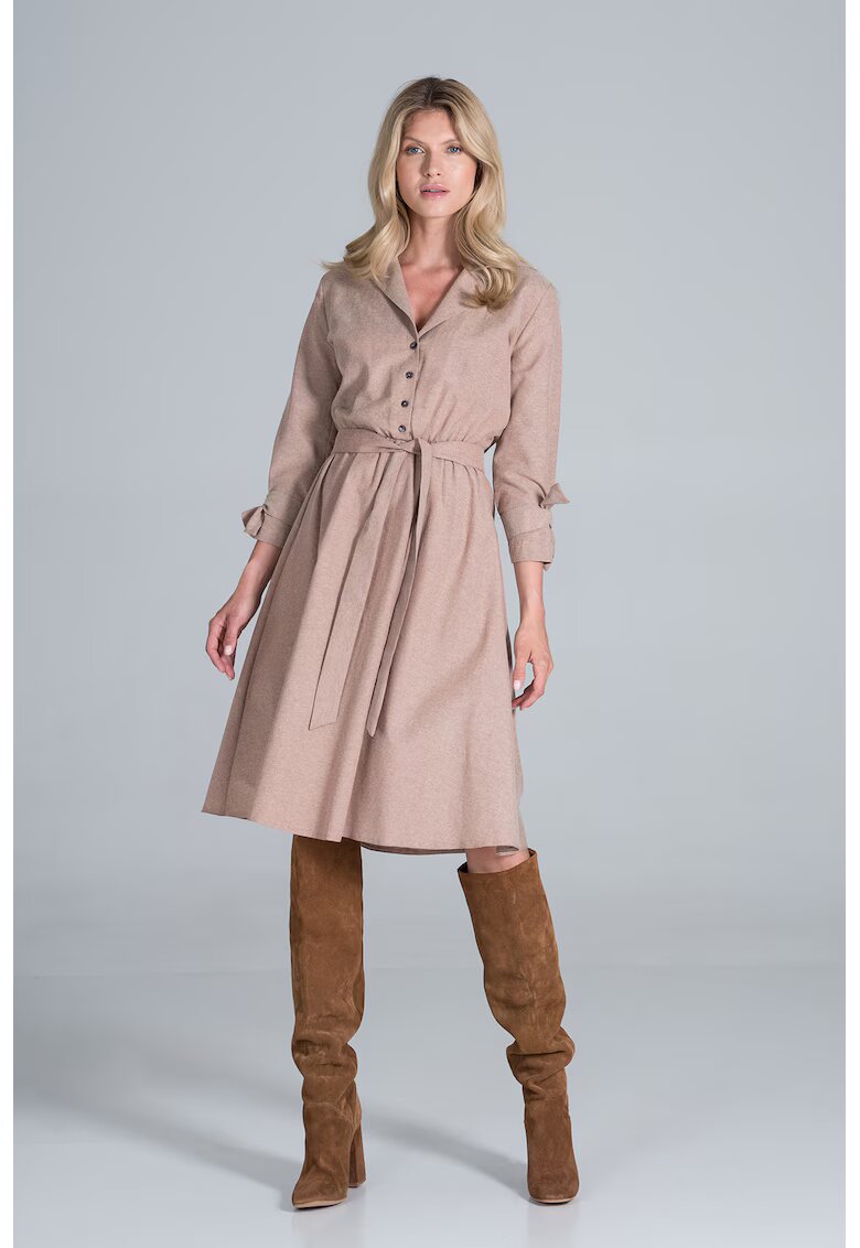 Figl Rochie camasa midi bej - cu centura - viscoza