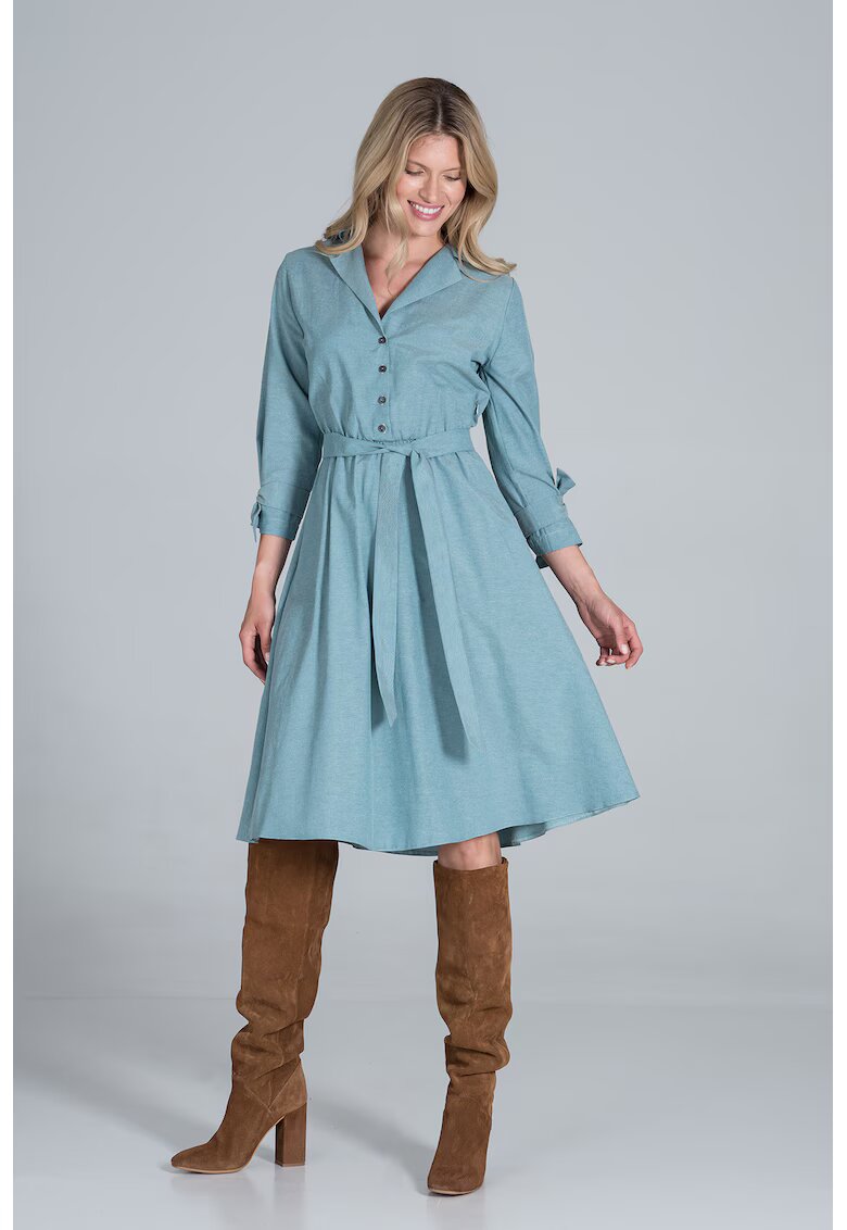 Figl Rochie camasa midi cu centura verde - bumbac 100%