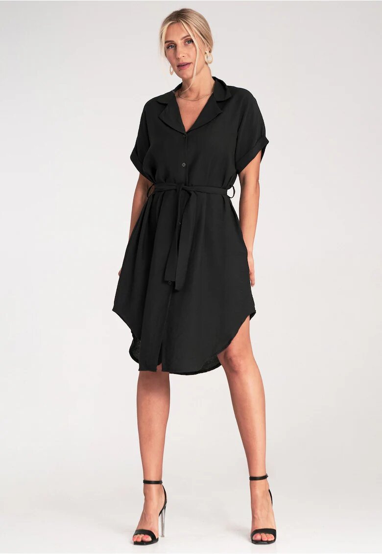 Figl Rochie camasa - neagra - asimetrica - din viscoza - cu curea -