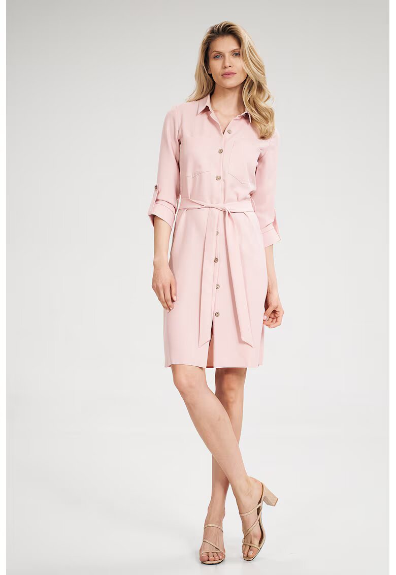 Figl Rochie camasa - roz - cu centura si buzunare - maneci 3/4 - poliester
