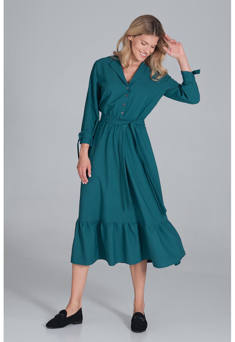 Figl Rochie camasa verde - cu centura - poliester -