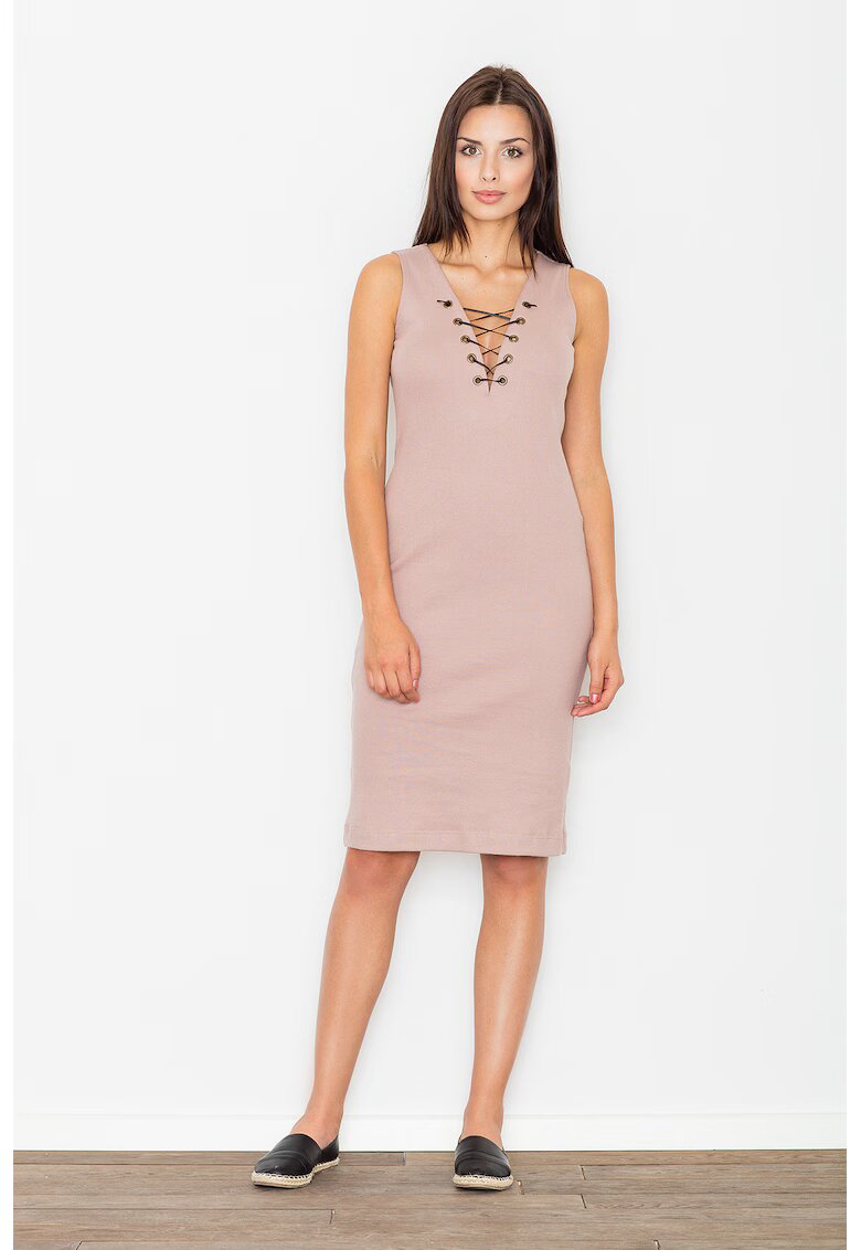 Figl Rochie creion M487 - roz - bumbac - decolteu in V - lungime midi