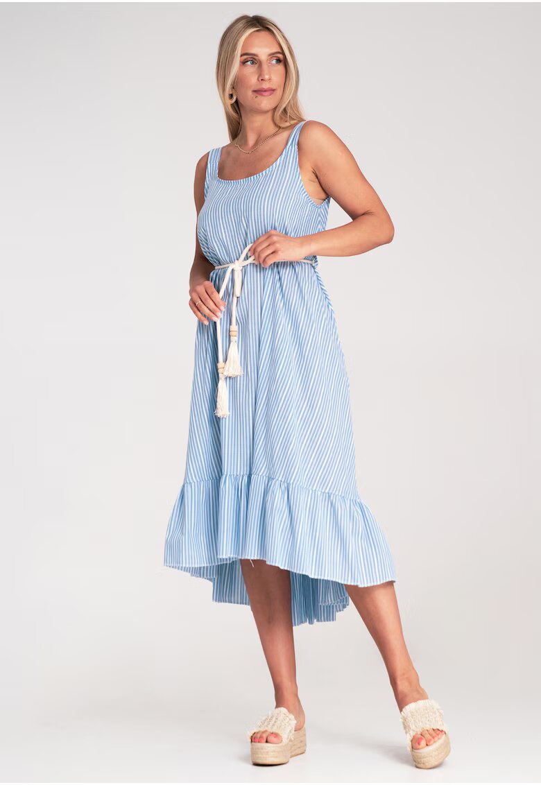 Figl Rochie cu dungi - asimetrica - volane - albastru deschis - bumbac -