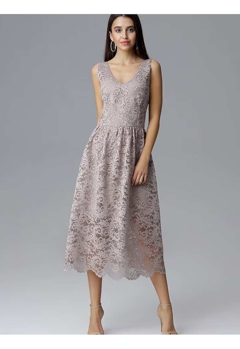 Figl Rochie de seara lunga 7/8 - dantela - decolteu frumos - bej - poliester-elastan -