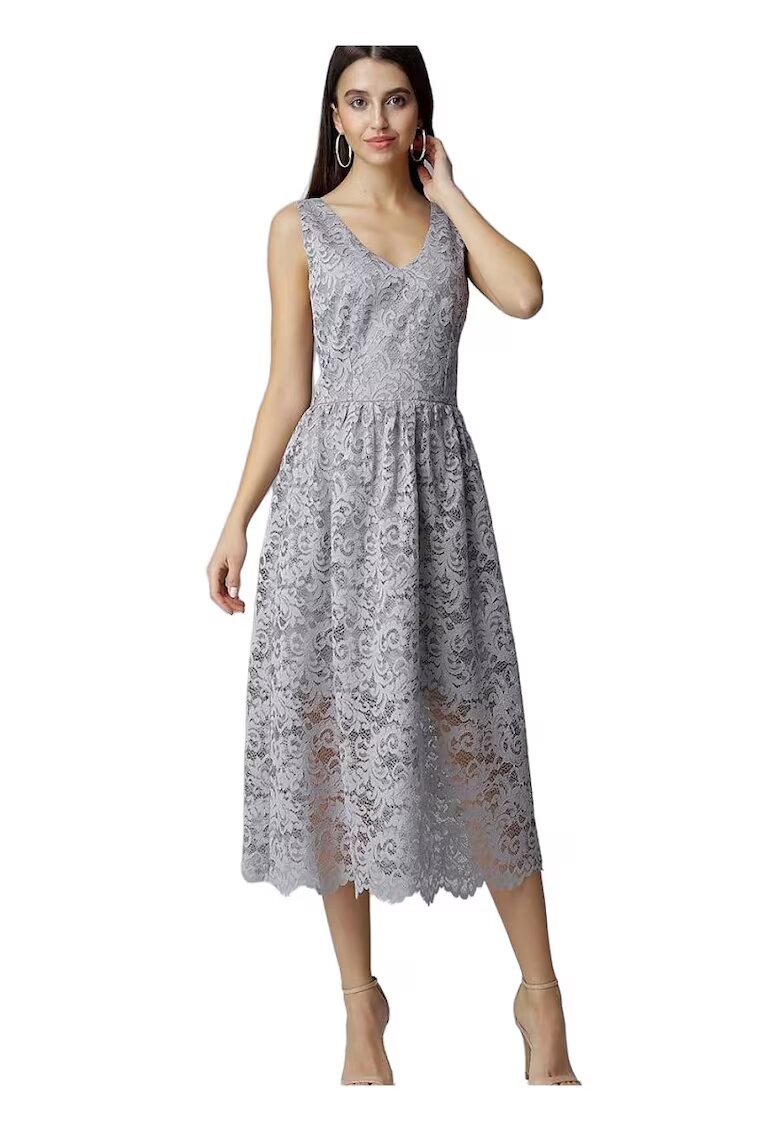 Figl Rochie de seara lunga din dantela - gri - fara maneci - cu decolteu elegant - captusita - poliester