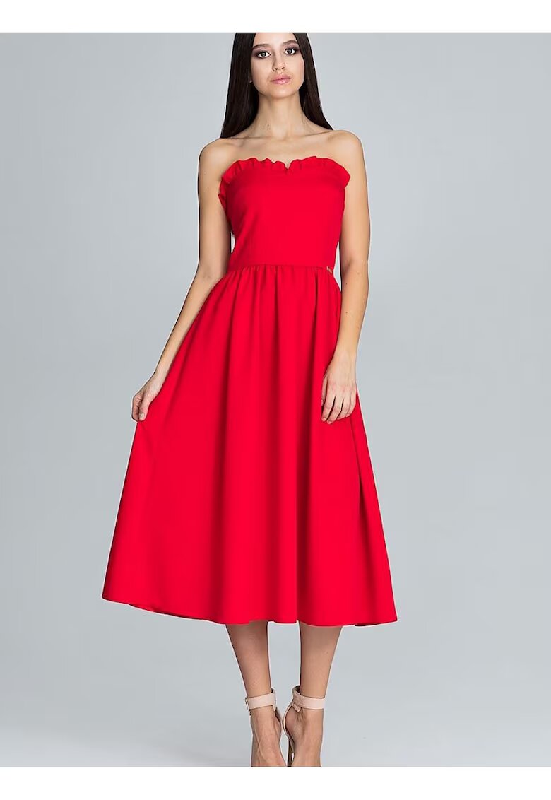 Figl Rochie de seara rosie - cu corset si volane - din poliester si viscoza