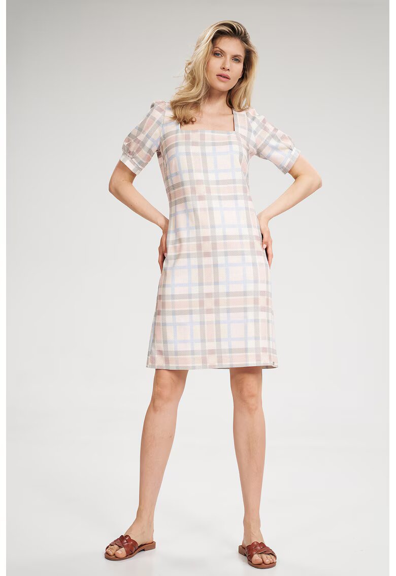 Figl Rochie de vara M704 - ecru cu accente multicolore - poliester - decolteu patrat - maneci scurte