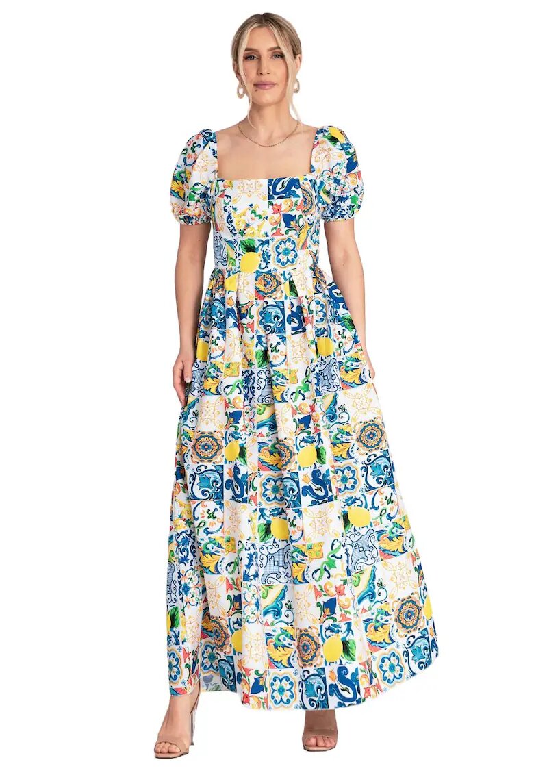 Figl Rochie decolteu patrat - maneci bufante - albastra - bumbac/elastan -