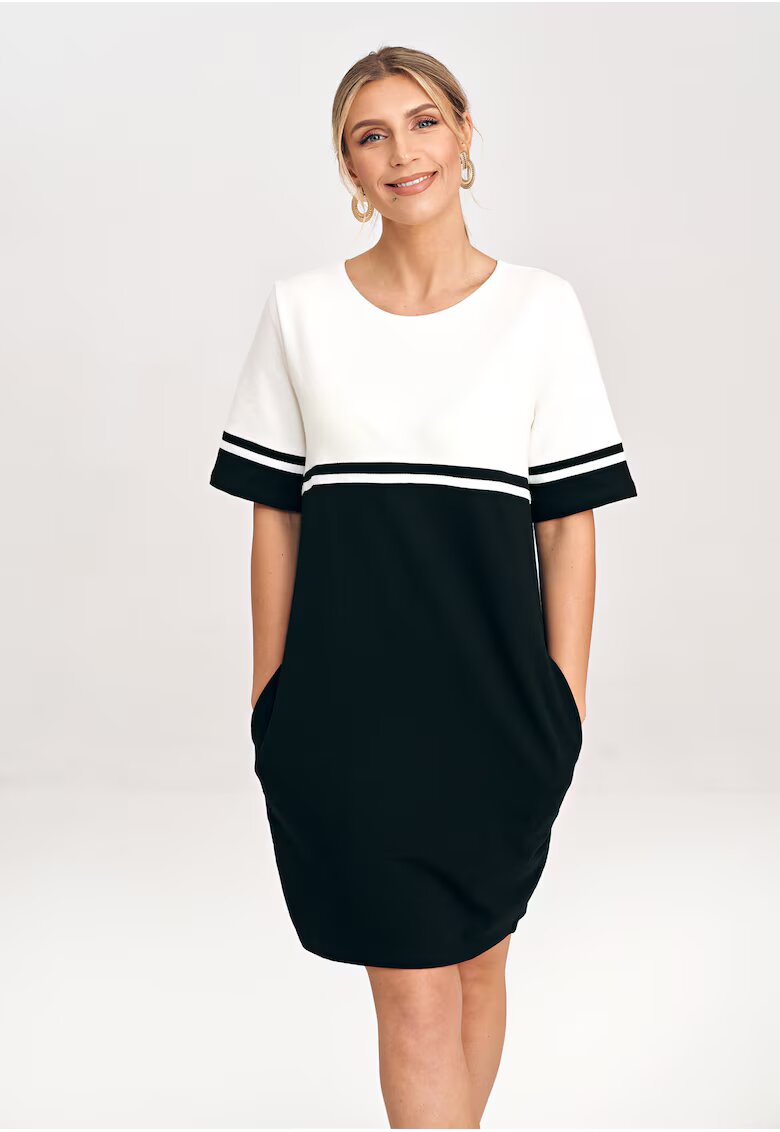 Figl Rochie din bumbac M1028 - doua tonuri - maneci scurte - buzunare - alb/negru