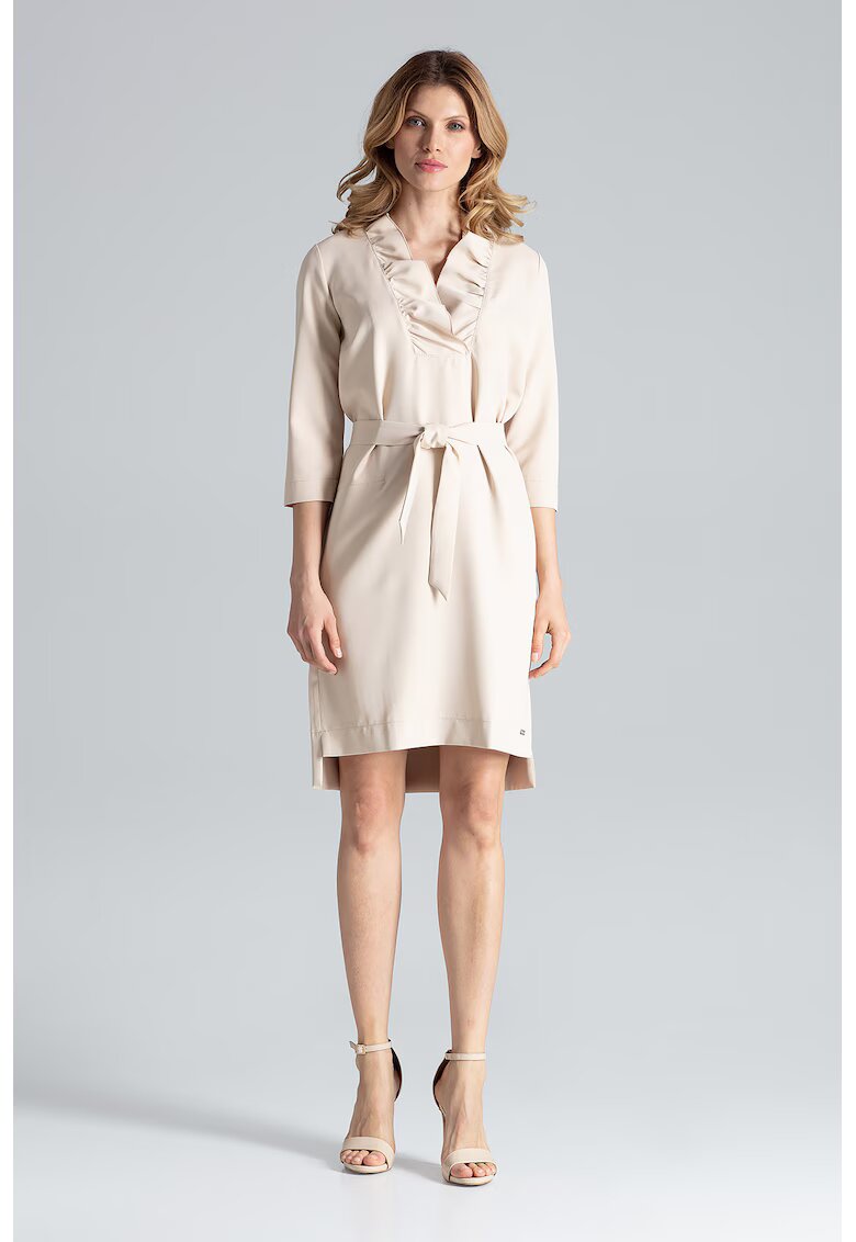 Figl Rochie eleganta - bej - cu volan pe decolteu - legata cu curea - poliester