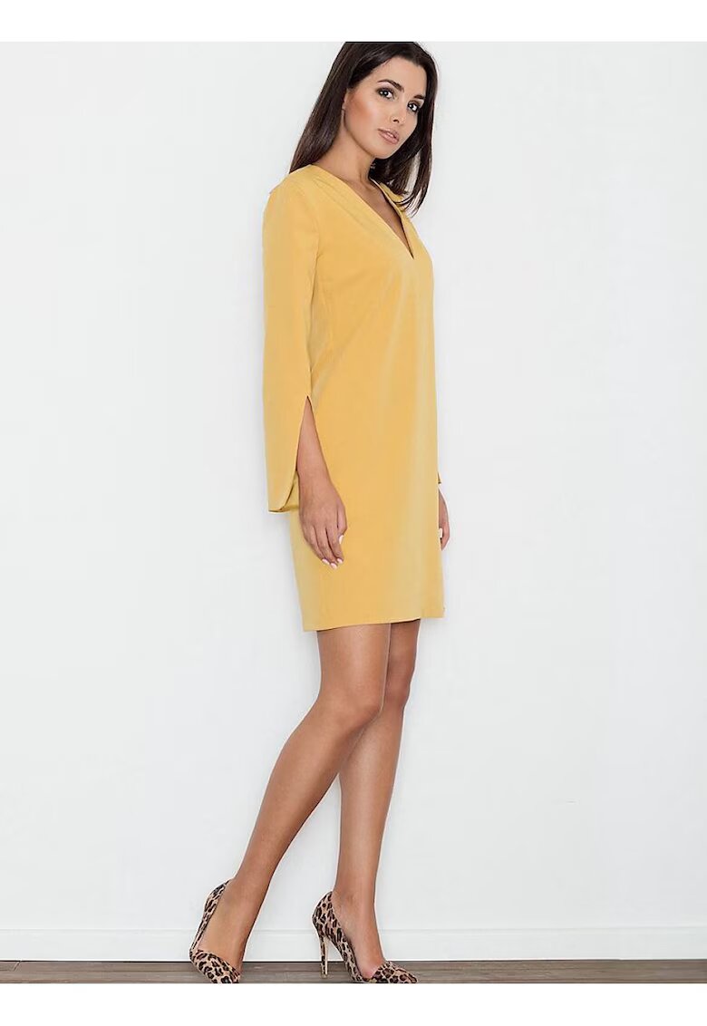 Figl Rochie eleganta - croiala dreapta - maneci cu fante - galbena - poliester-viscoza