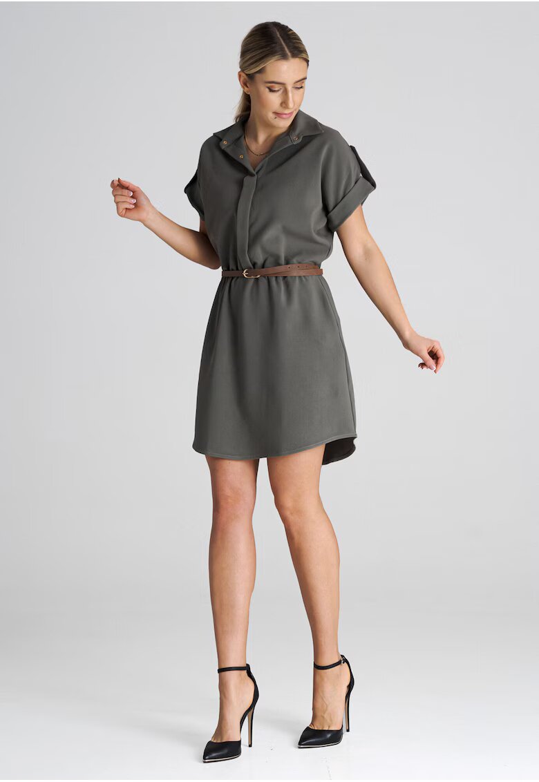 Figl Rochie eleganta M1001 - midi - cu curea - verde - poliester - viscoza - elastan
