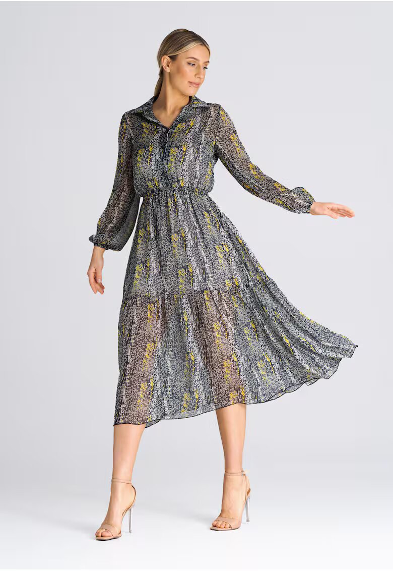 Figl Rochie evazata - guler gri - floral - poliester