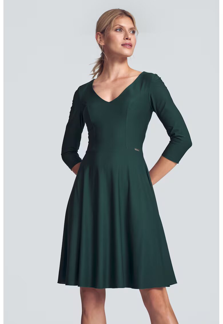 Figl Rochie evazata M709 - verde - decolteu in V - maneci 3/4 - viscoza