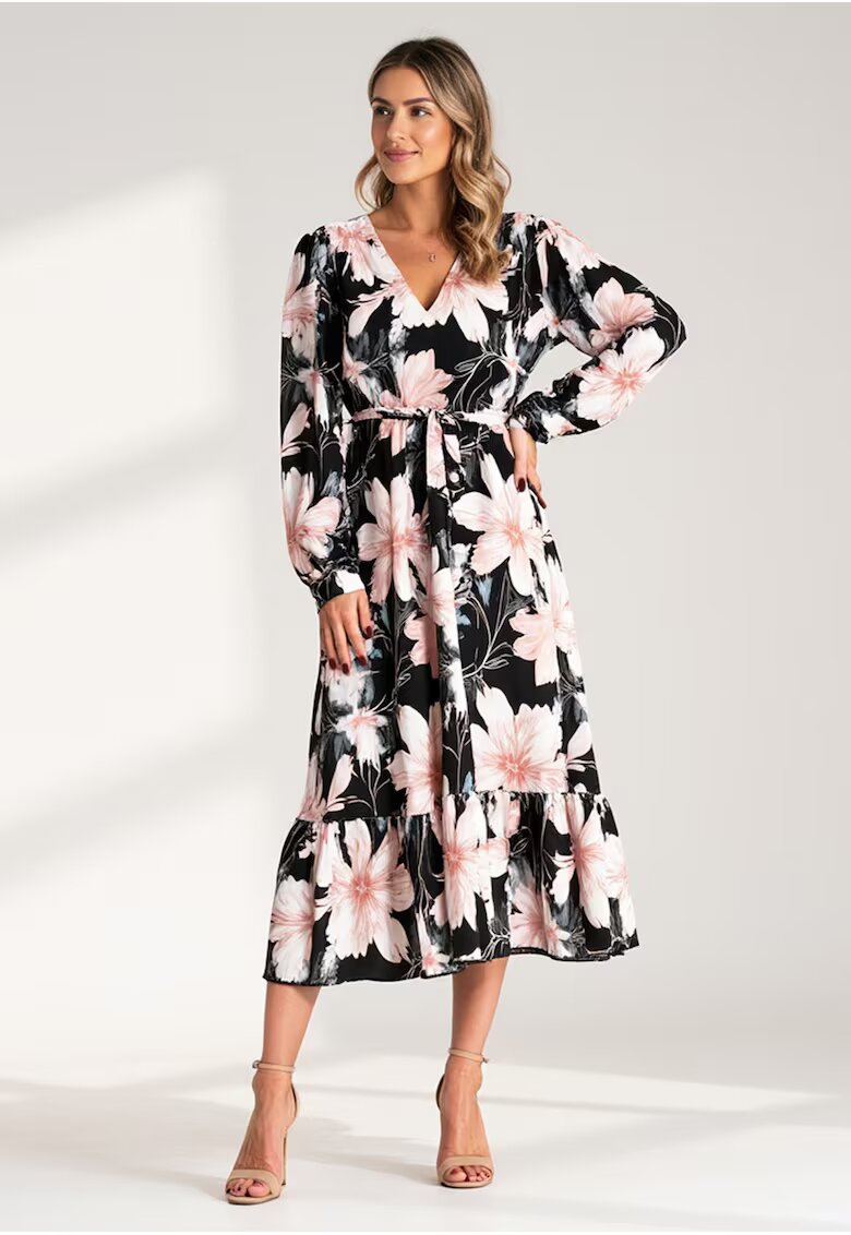 Figl Rochie florala cu volane - neagra - 100% poliester -