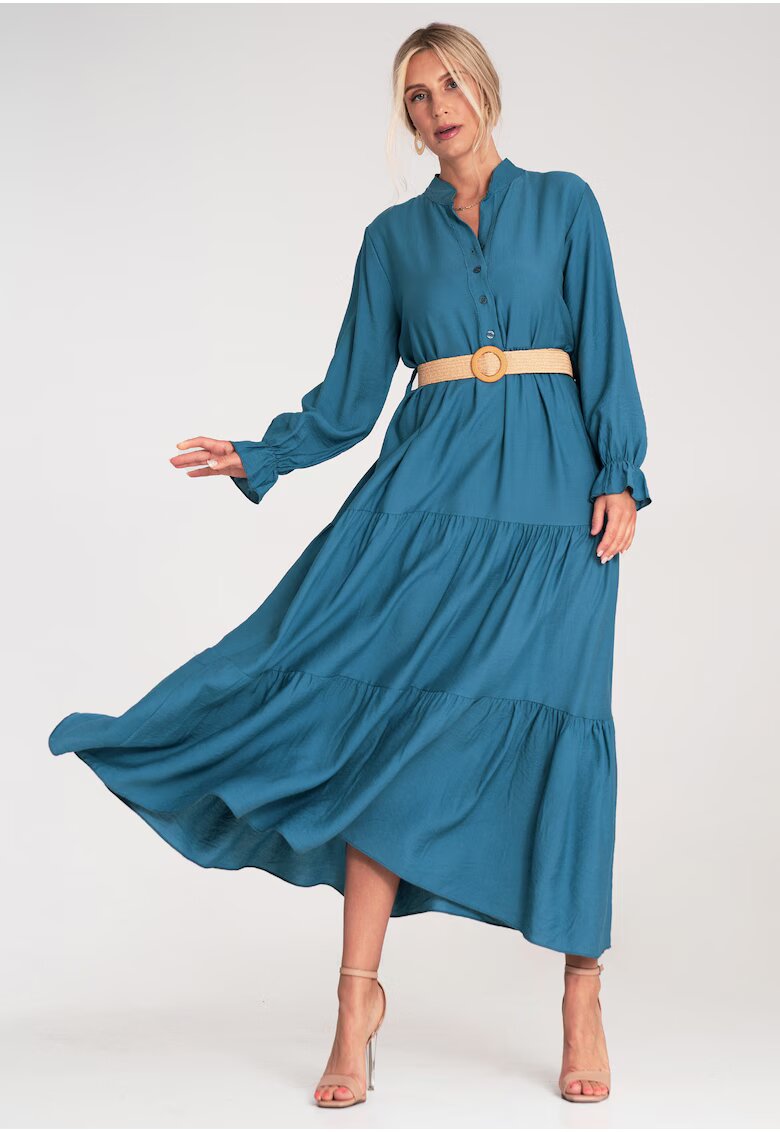 Figl Rochie lunga casual cu volane - albastra - material usor -