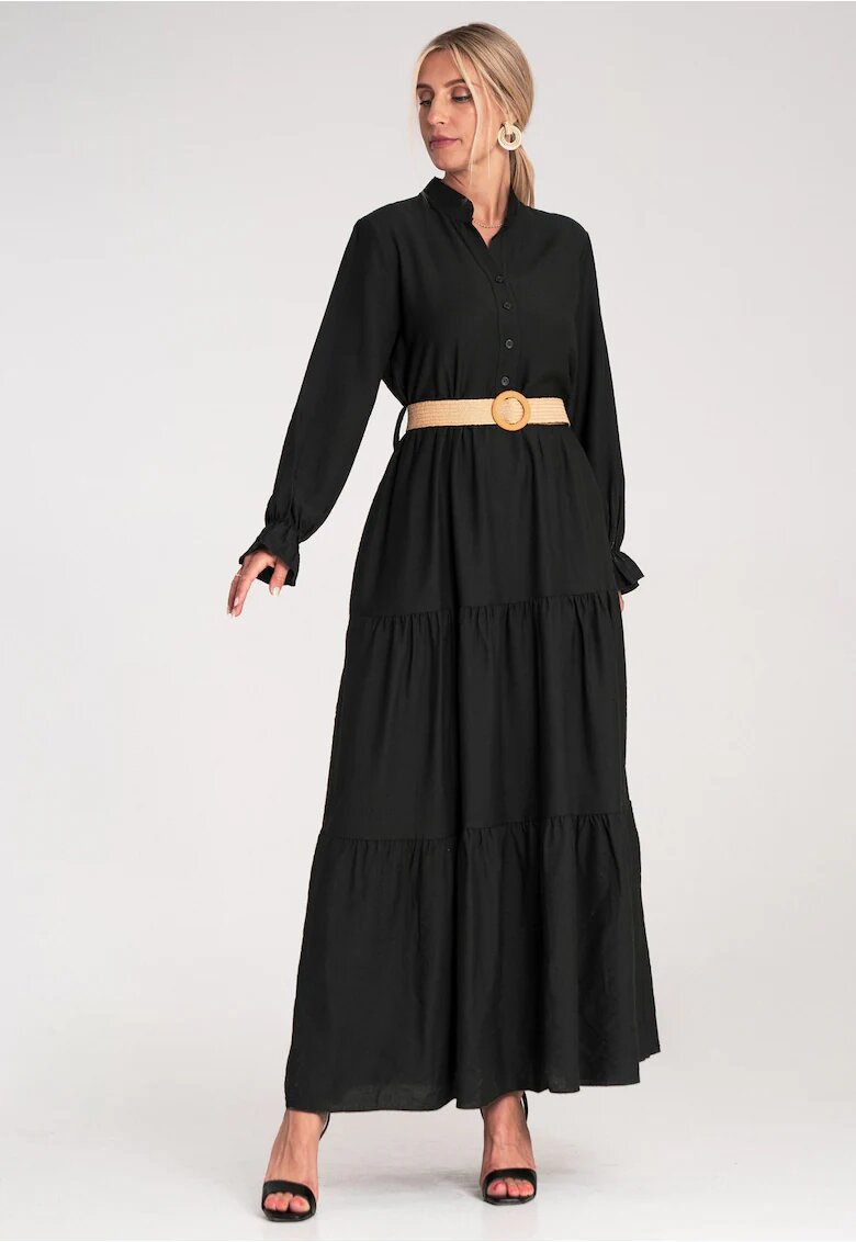 Figl Rochie lunga casual cu volane - neagra - cu curea -