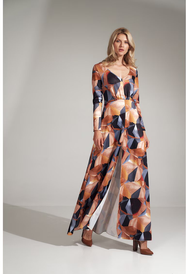 Figl Rochie lunga eleganta - model geometric - culoare unica - poliester