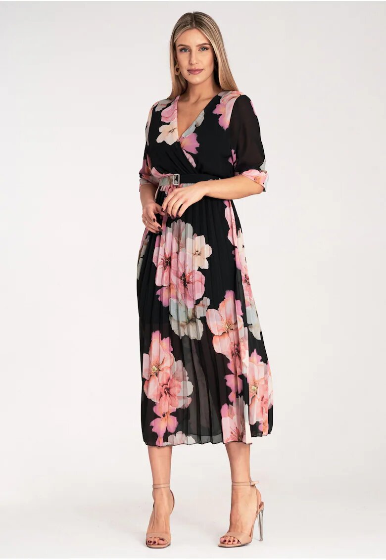 Figl Rochie lunga - florala - neagra - plisata - poliester -