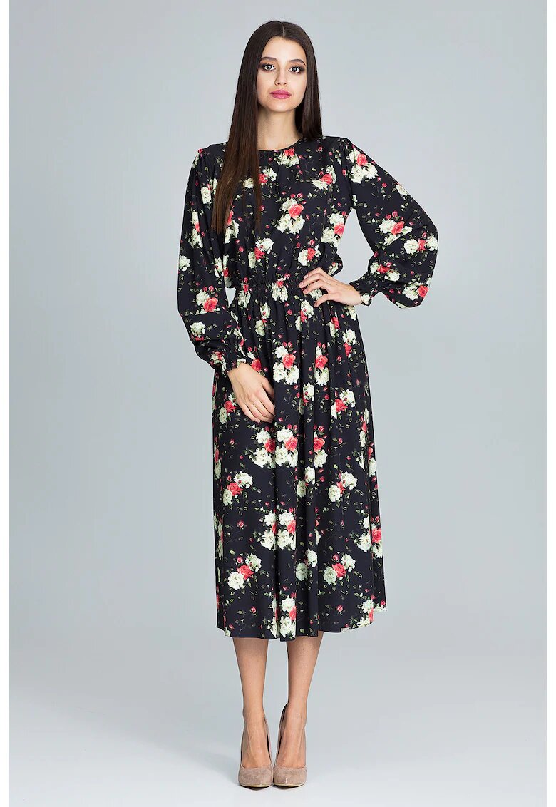 Figl Rochie lunga M600 - florala - neagra - din poliester - cu maneci lungi -