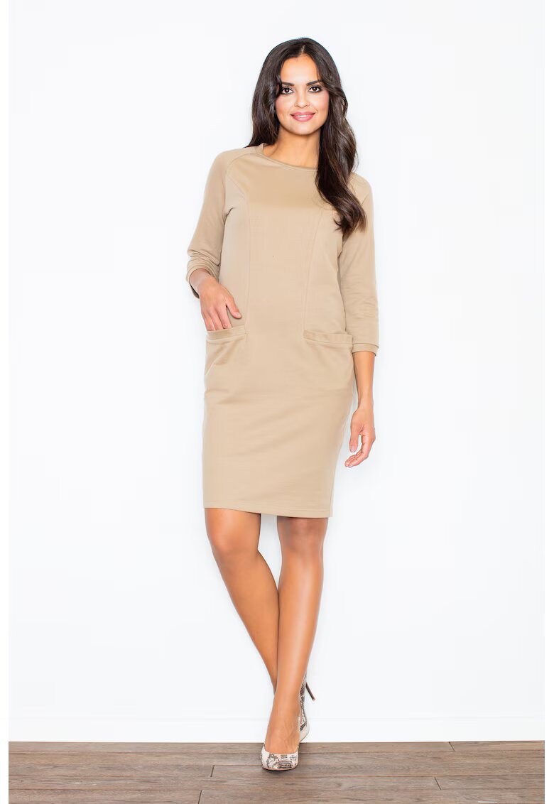 Figl Rochie M205 - bumbac - bej - maneca lunga - cu buzunare -