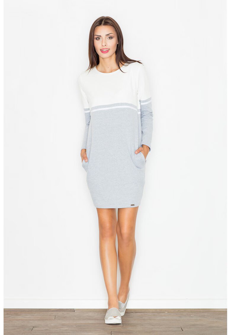 Figl Rochie M510 - gri cu ecru - bumbac - cu buzunare - maneci lungi
