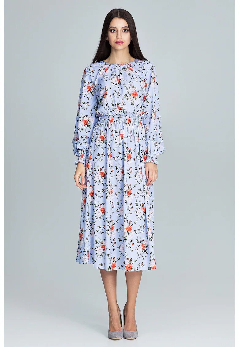Figl Rochie M600 - florala - albastru - midi - maneci lungi - poliester 95% - elastan 5%