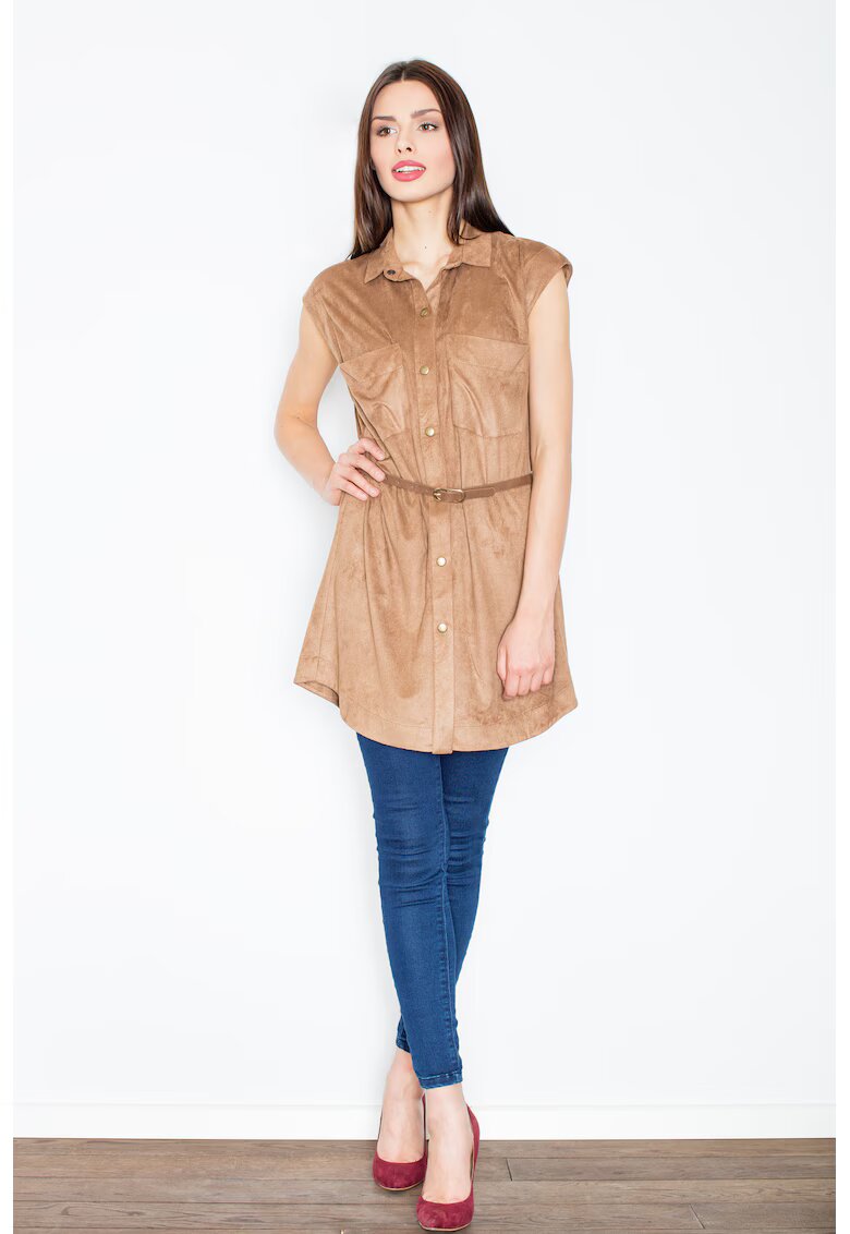 Figl Rochie maro - piele intoarsa - cu capse si curea - poliester