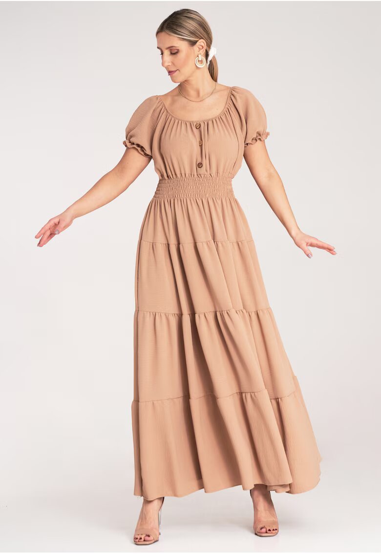 Figl Rochie maxi bej - cu volane - poliester - pentru vara -