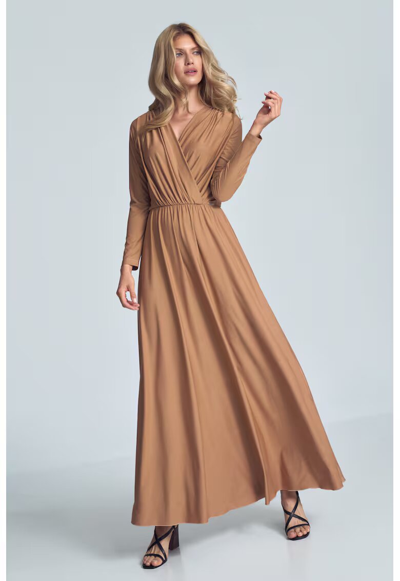 Figl Rochie maxi bej - maneci lungi - decolteu plic - poliester