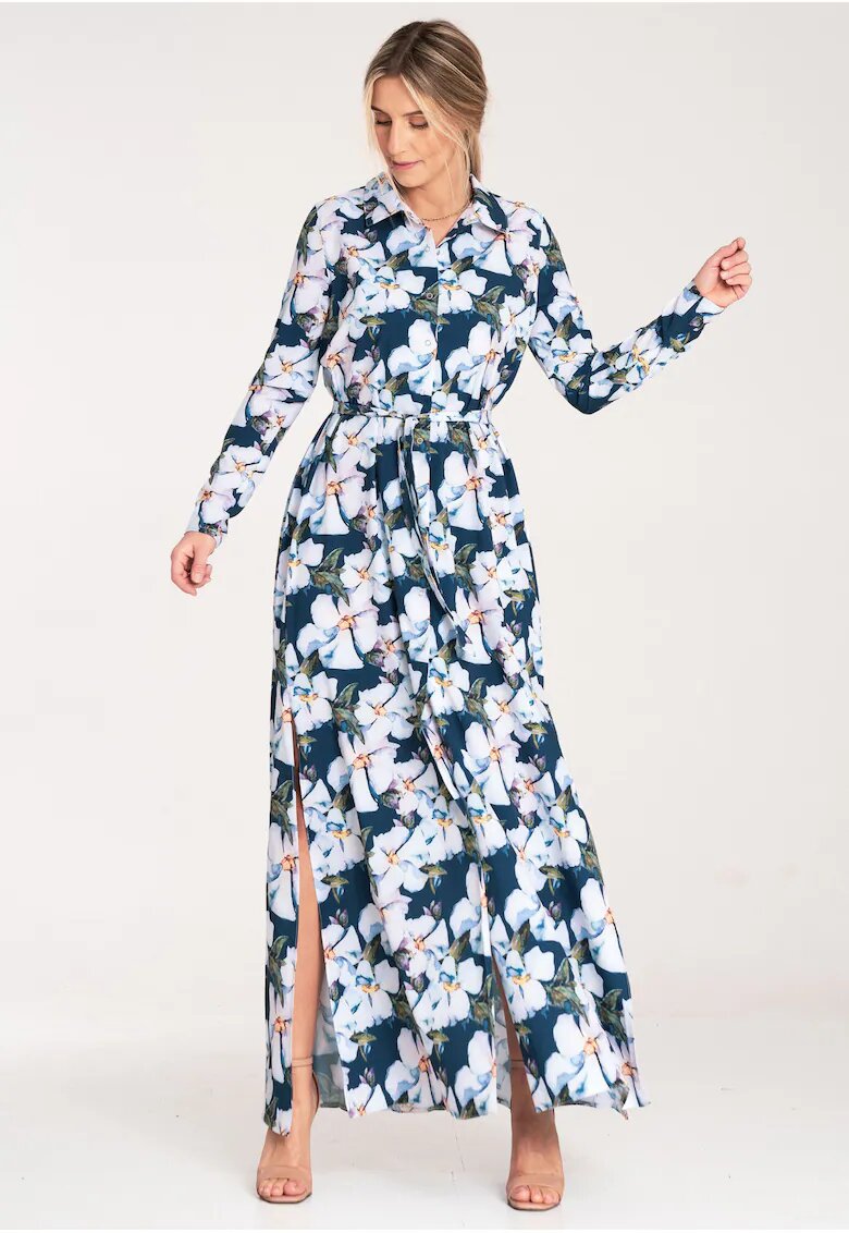 Figl Rochie maxi - cu nasturi - albastru floral - poliester -